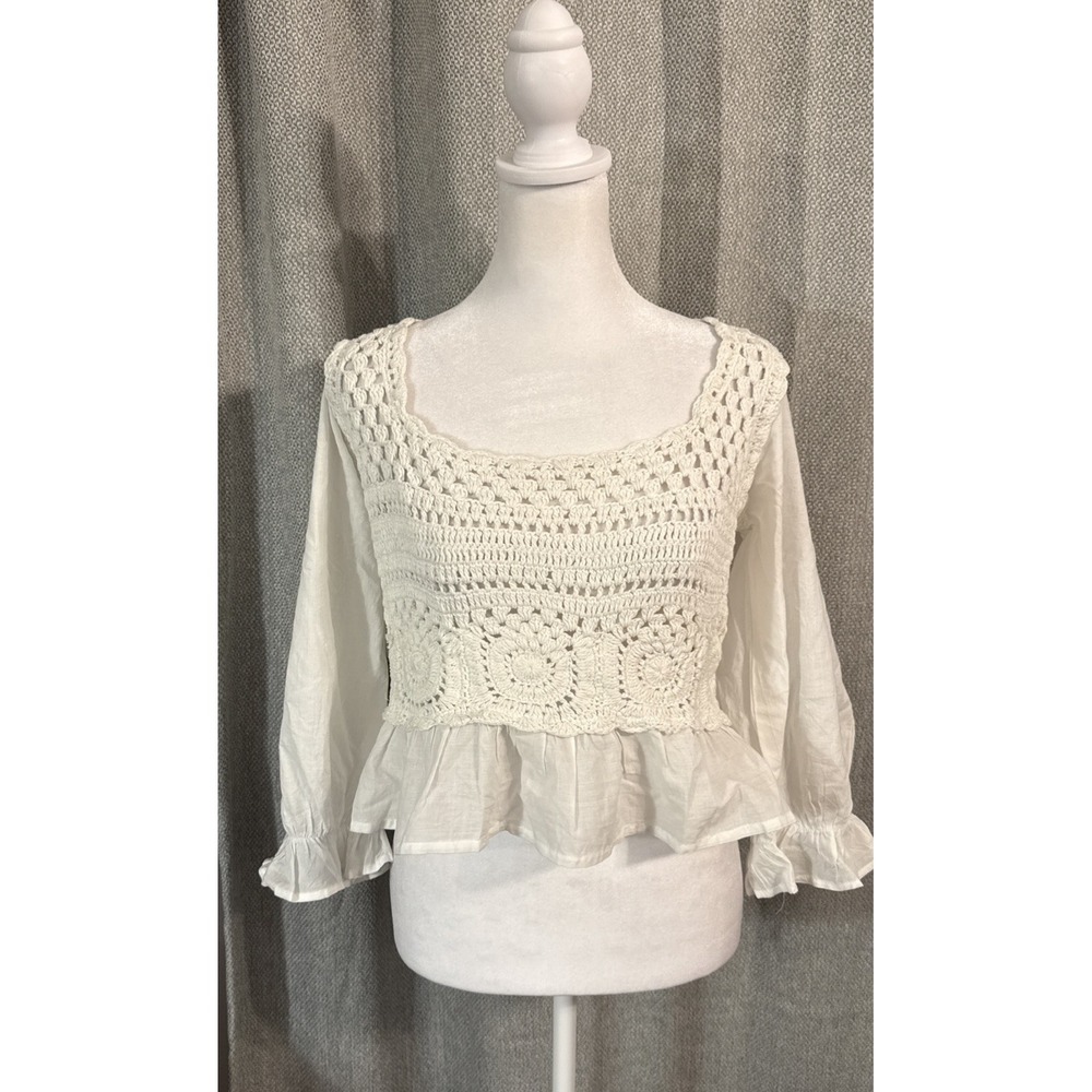 Rebellion Again Crochet Top Women's Size Large White Crop Ruffle Boho Peasant